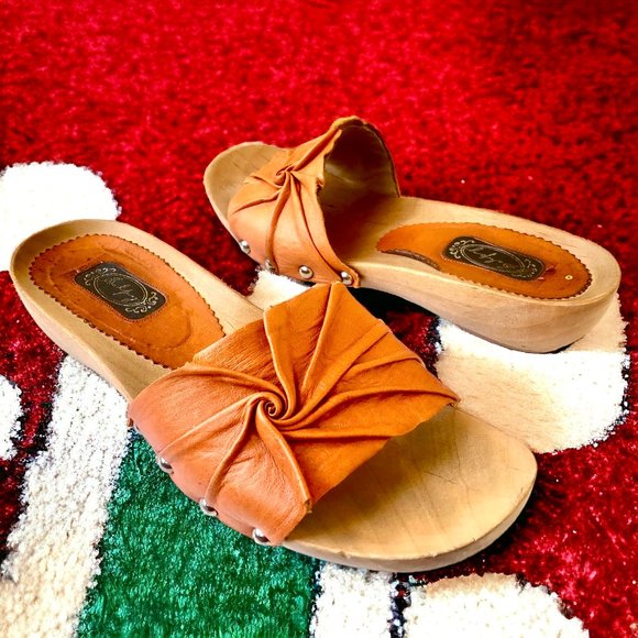 SALPY Handmade Shoes Orange Leather Wooden Mule Style Anna - Picture 8 of 15
